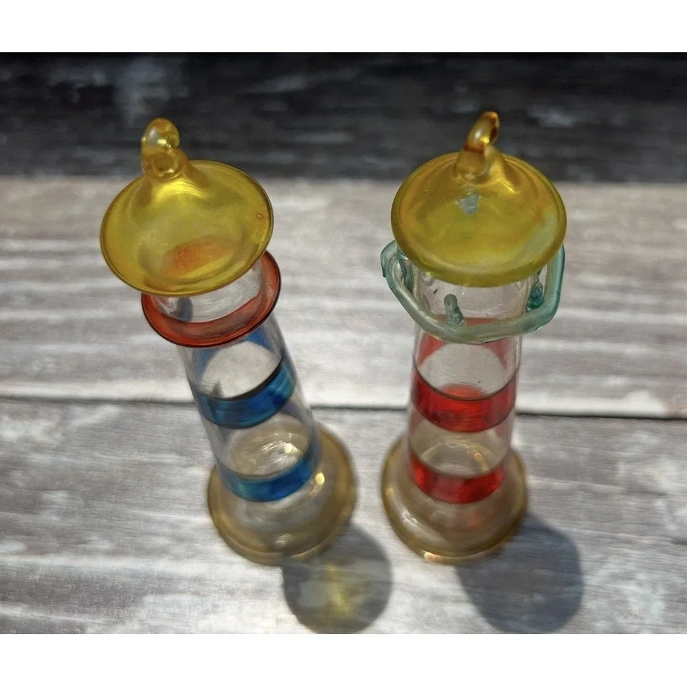 Lighthouse Ornaments Hand Blown‎ Glass Lightweight Set Of 2 Colorful  Maritime